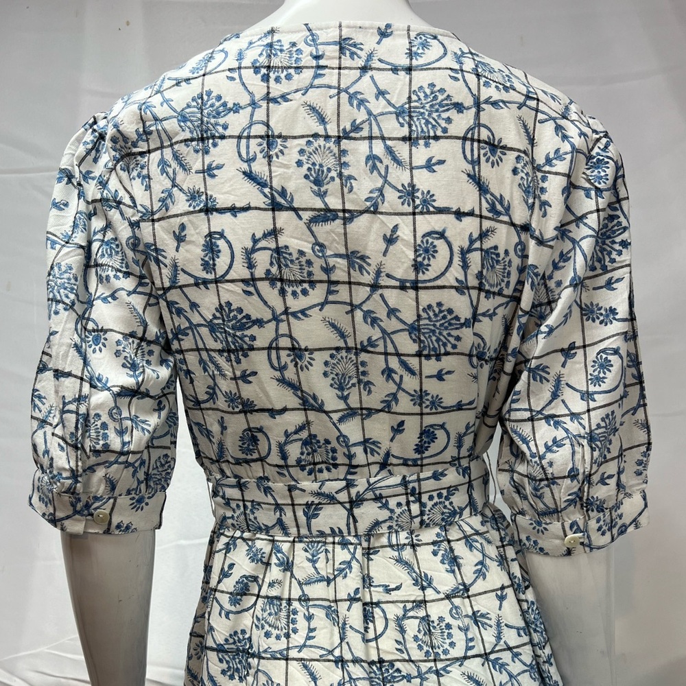 Uncle Frank Small White Blue China Pattern Half Sleeve Belted Midi Dress Anthro - Picture 6 of 9